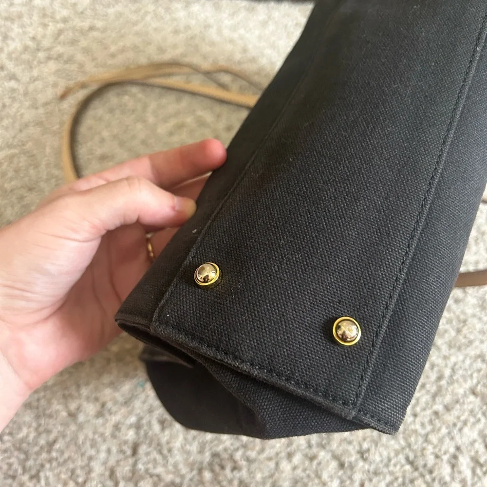 Kate Spade Linen Canvas Tote Bag Monogram Black Tan Travel Shoulder Floral Lined